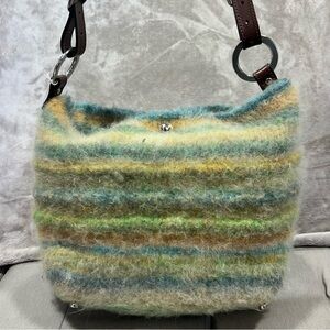 Handmade one of a kind knitted Striped Wool Shoulder Bag with leather strap